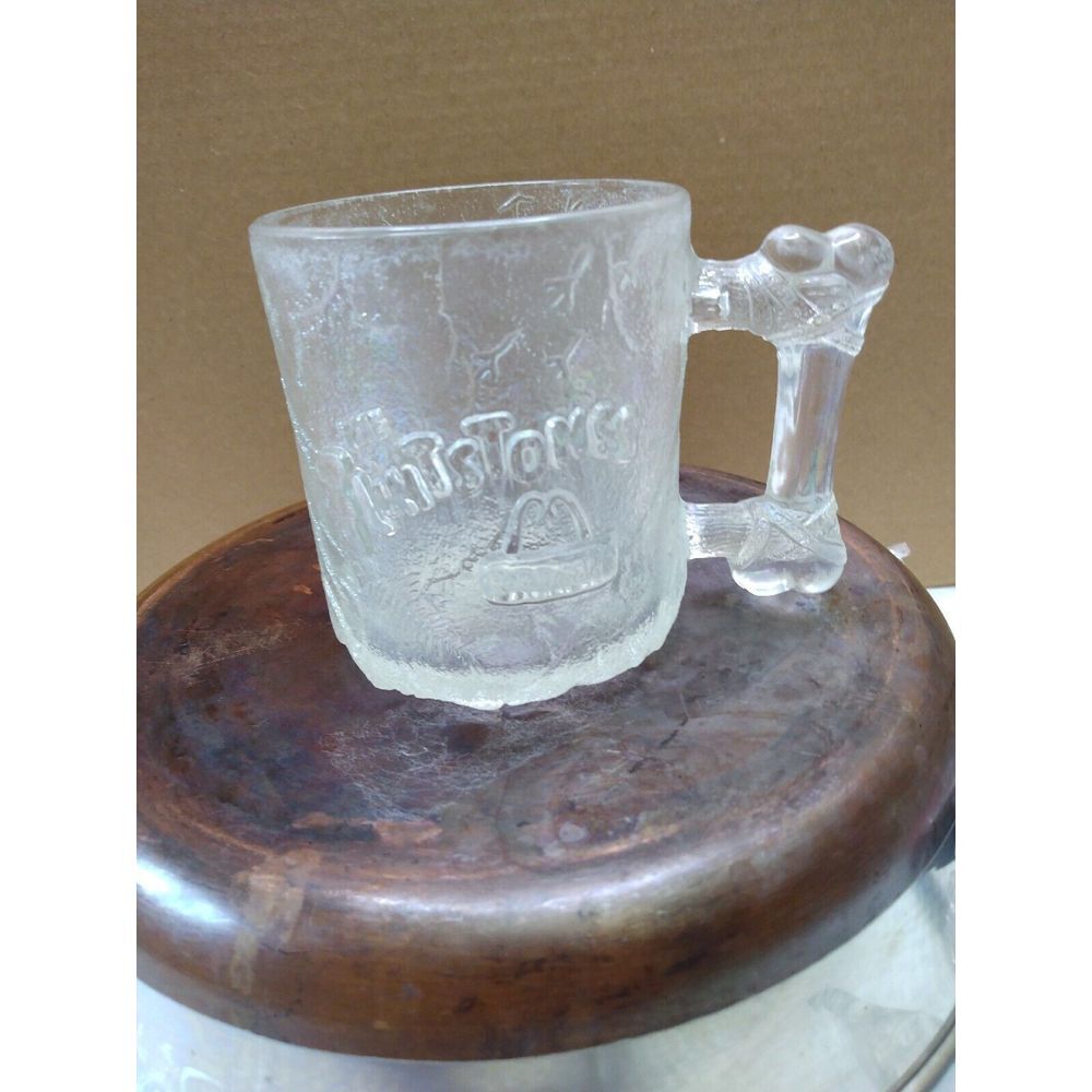 Vintage 1993 McDonalds Flintstones‎ Pre-Dawn Mug Frosted Glass Bone Handle Cup